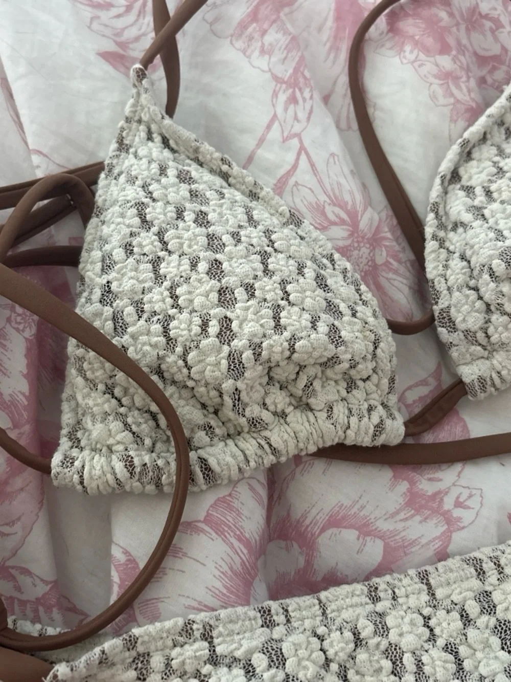 Zaful Cream & Brown Crochet Triangle Bikini Set